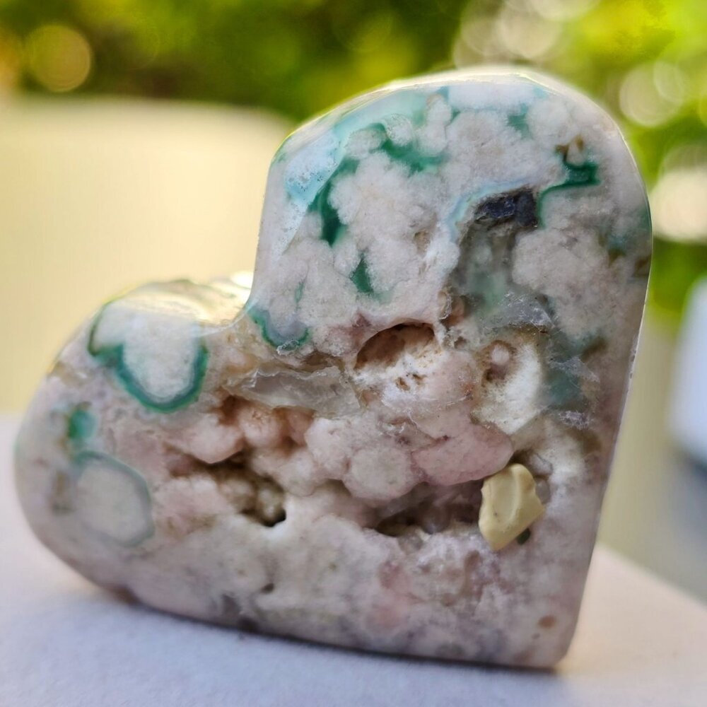 Cherry Blossom Agate ✦ Polished Palm Stone ✦ Heart-Shaped Green White Natural